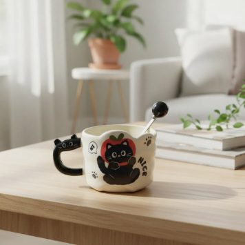 Taza Gato Negro con cuchara 350ml