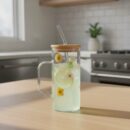 Vaso con Sorbete de Vidrio Tapa Bambú 350 ml