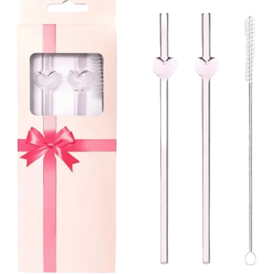 Set de 2 sorbetes de vidrio con forma de corazón + cepillo limpiador