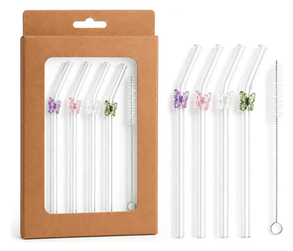 Set de 4 sorbetes de vidrio + cepillo limpiador